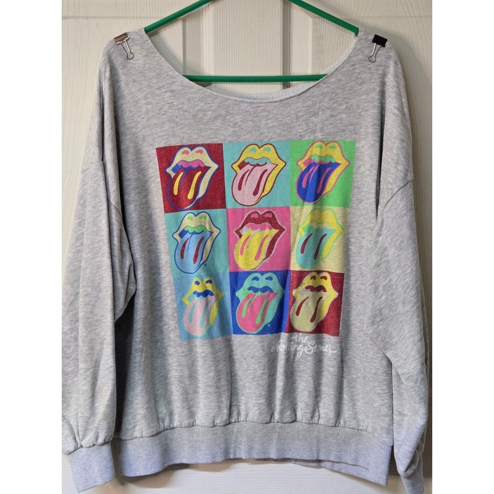 Rolling Stones Pop Art Tongue Graphic Sweatshirt Heather Gray Cut Collar XL